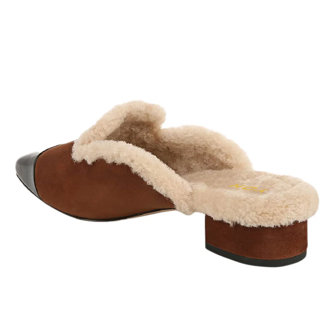 YDN Brown Vegan Suede Square Toe Fur Lining Chunky Heeled Mules