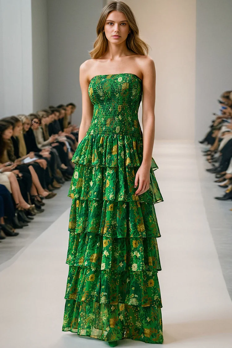 Semi Formal Green Floral Print Smocked Strapless Layered Ruffle Maxi Dress
