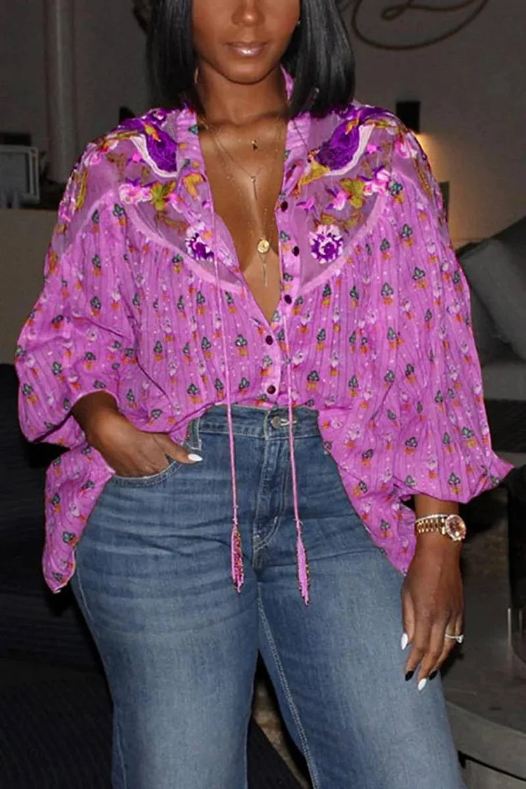 Xpluswear Plus Size Purple Daily Floral Print Button Lantern Sleeve Blouse 