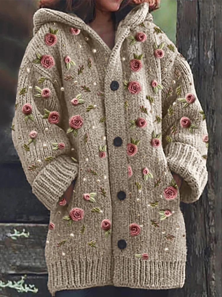 VChics Classy Roses Pearls Beaded Embroidered Cozy Hooded Cardigan