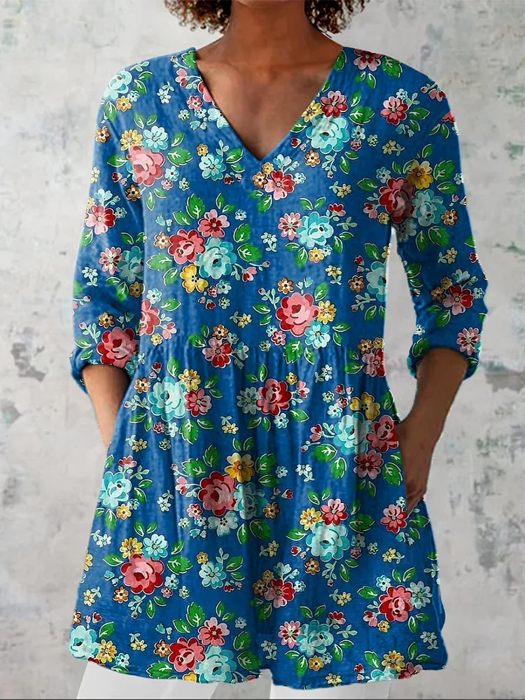 Womens Vintage Rose Flower Casual Linen V-Neck Shirt