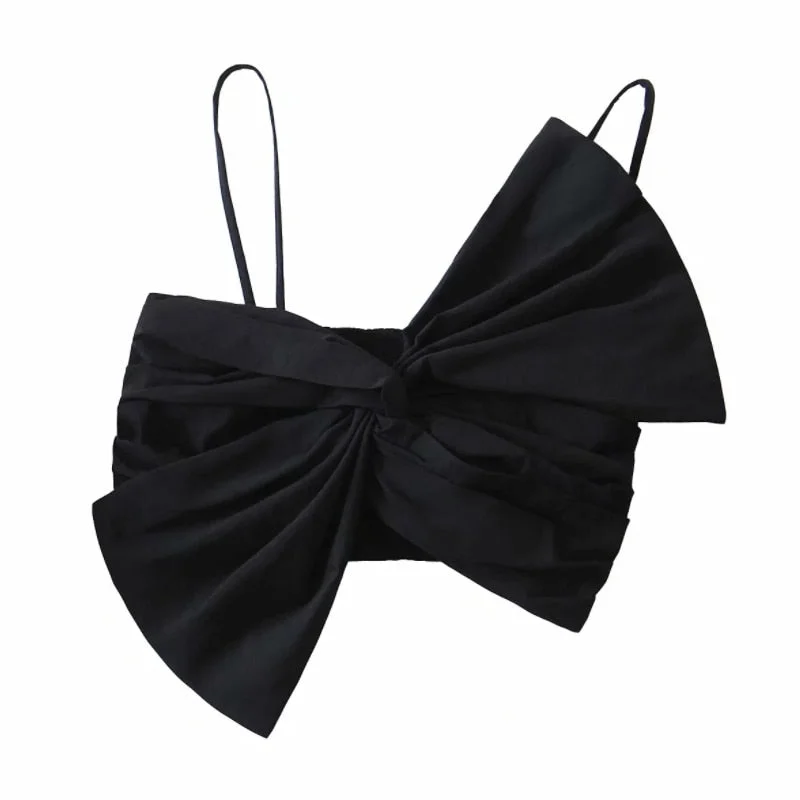 Spring Women Bowknot Decoration Black Suspender Shirt Female Pleated Short Blouse Casual Lady Sexy Crop Tops Blusas S8598