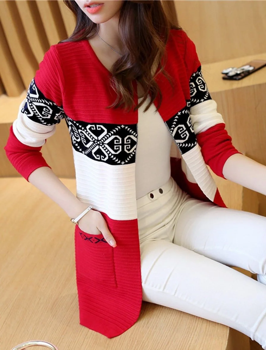 Color Block Printed Patch Pocket Cardigan | IFYHOME