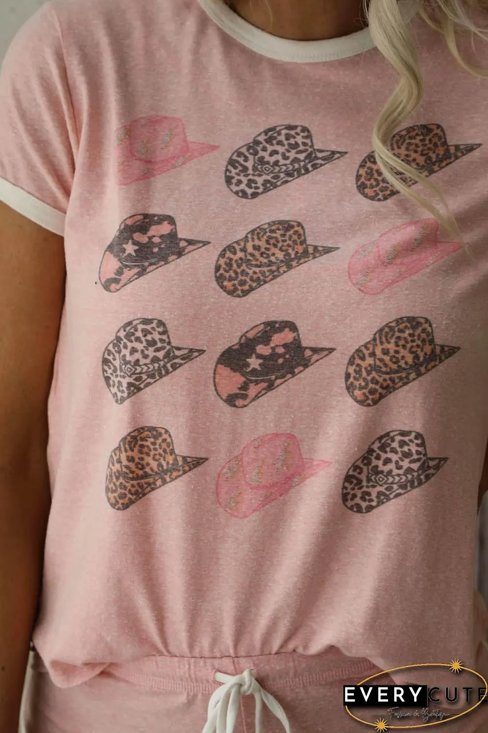 Pink Leopard Hat Print Short Sleeve T Shirt and Drawstring Shorts Loungewear