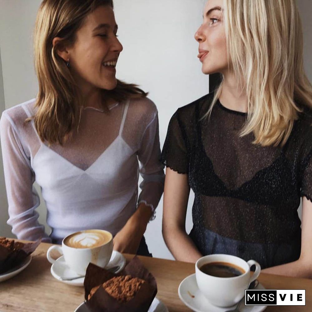 Sexy Mesh Long Sleeve T Shirt Women Summer Transparent Club Party Black Tee Shirts Cutely Thin O Neck Short Tops