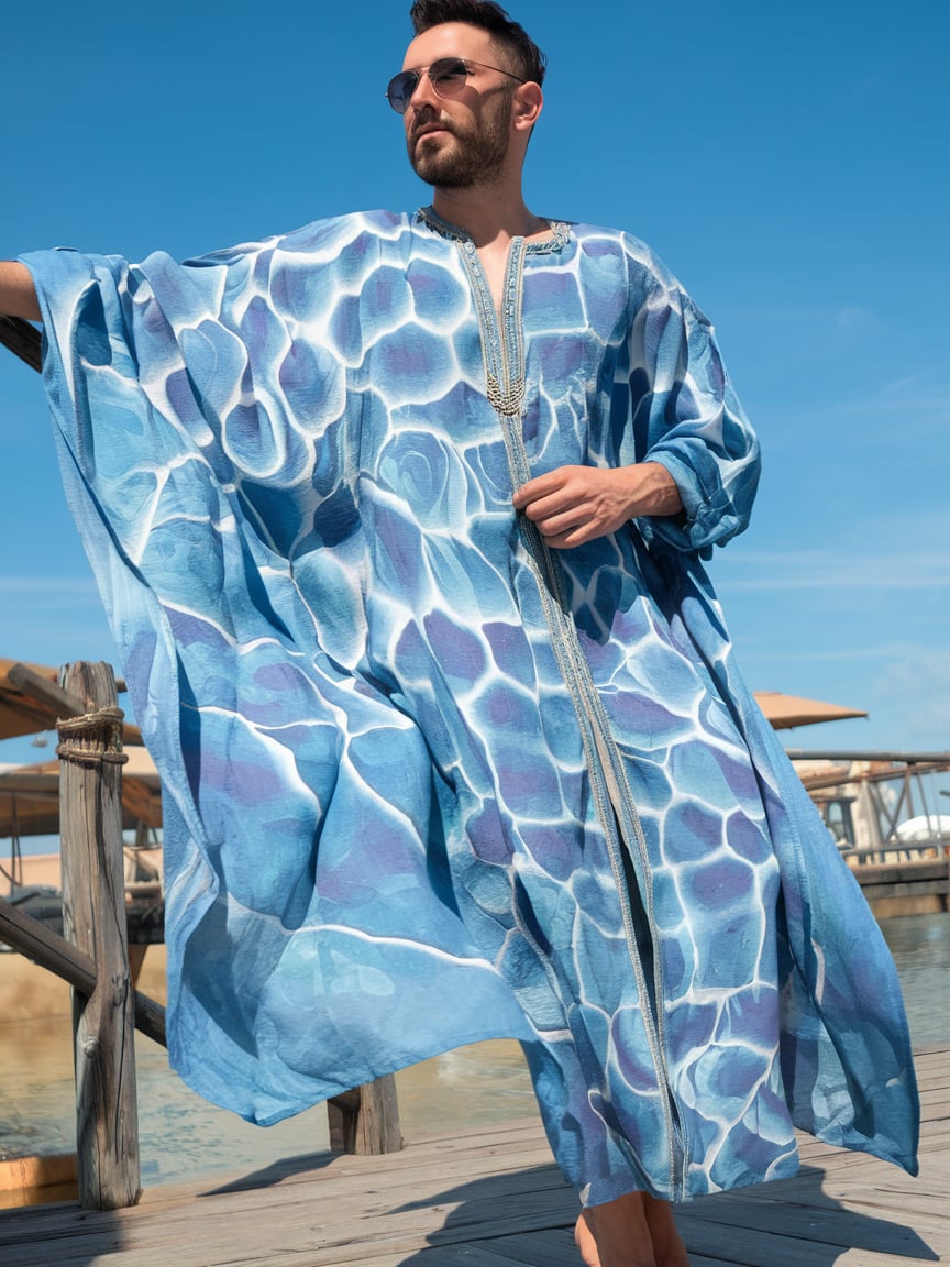Men's Stripe Printed Linen Long Kaftan