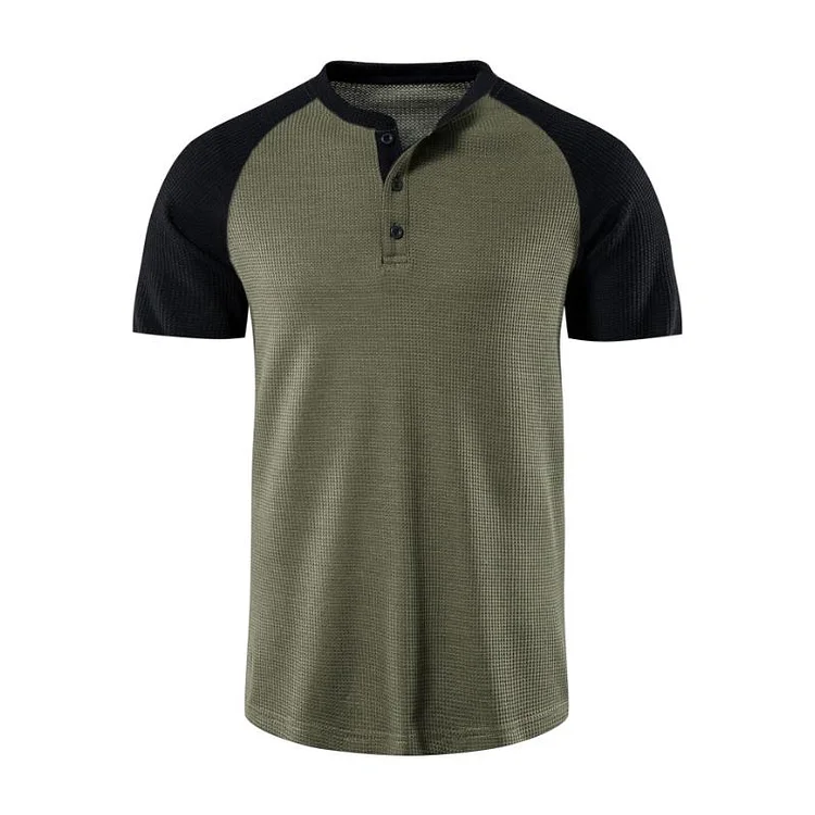 Men's Casual Waffle Henley Collar Contrast Raglan Short Sleeve T-Shirt 50940186M
