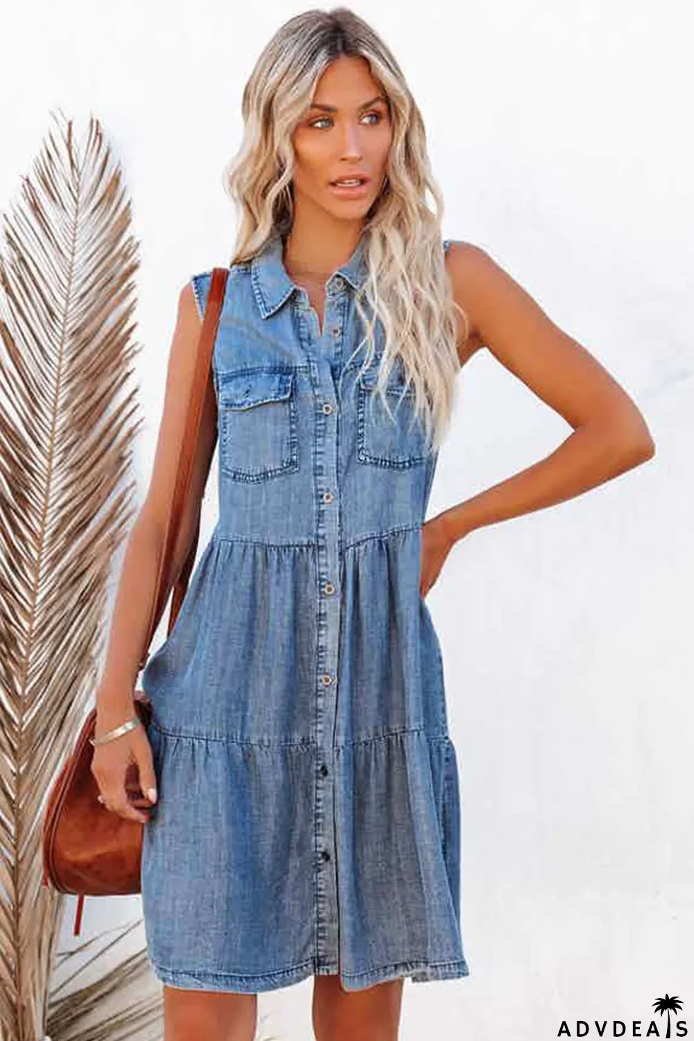 Sky Blue Flap Pockets Button up Sleeveless Denim Dress