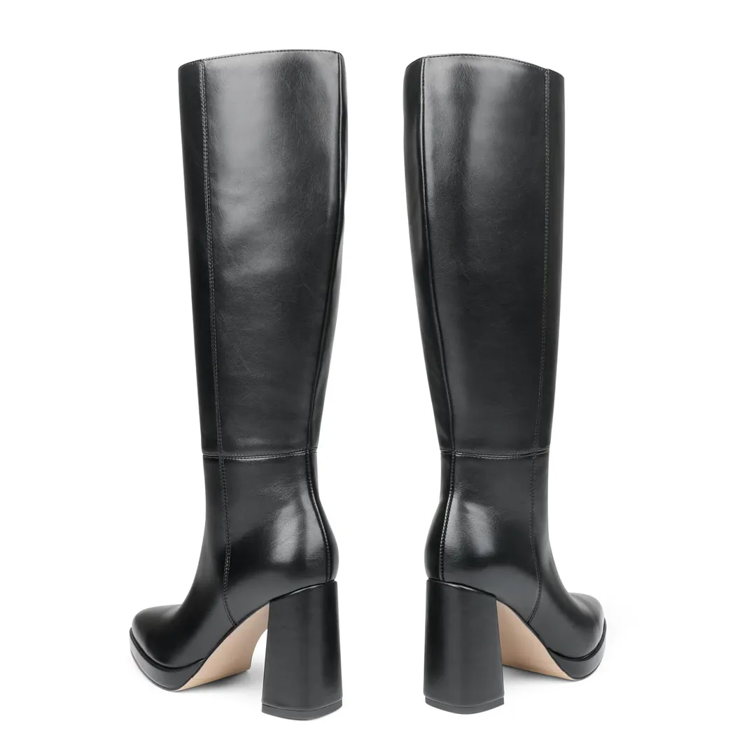 Women's Square-Toe Knee-High Boots with Platform and Block Heels