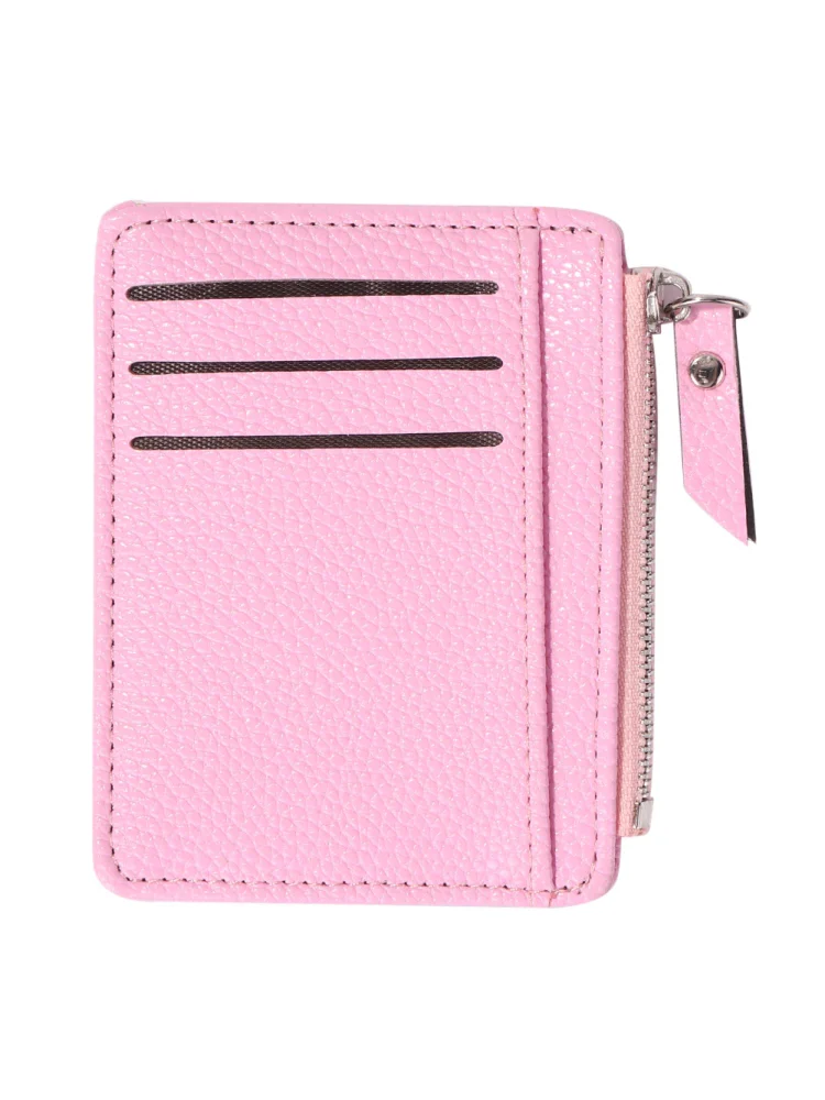 Women Retro Leather Coin Purse Zipper Litchi Pattern Men Card Holder (Pink)