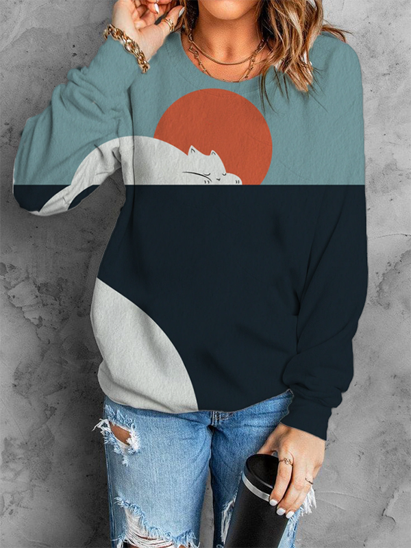 Color block hotsell cat print sweatshirt