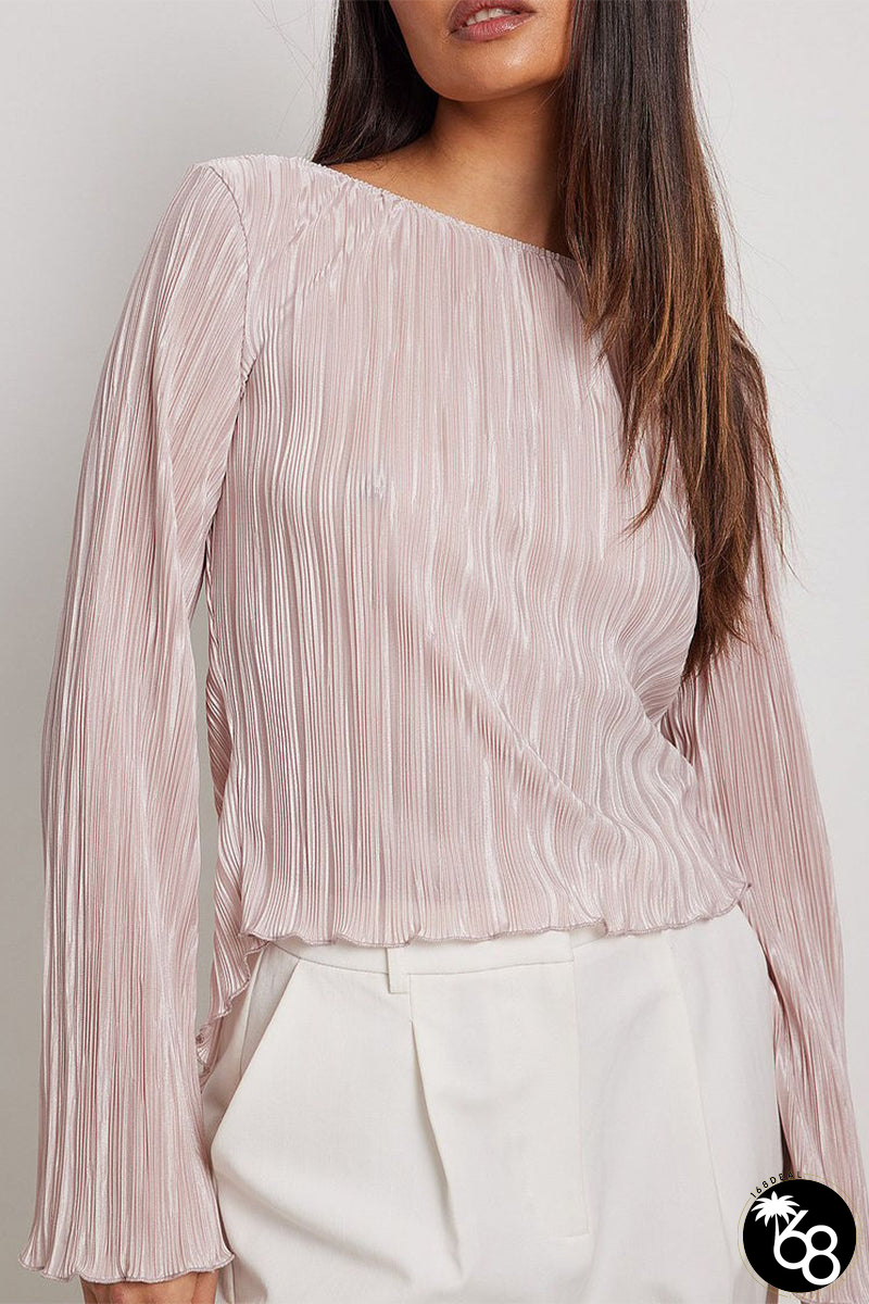 Elegant Solid Frenulum Backless Pleated O Neck Tops | 168DEAL