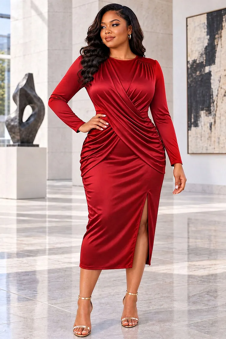 Xpluswear Design Plus Size Christmas Red Round Neck Long Sleeve Fold Split Satin Midi Dresses [Pre-Order] 2024 - Xpluswear