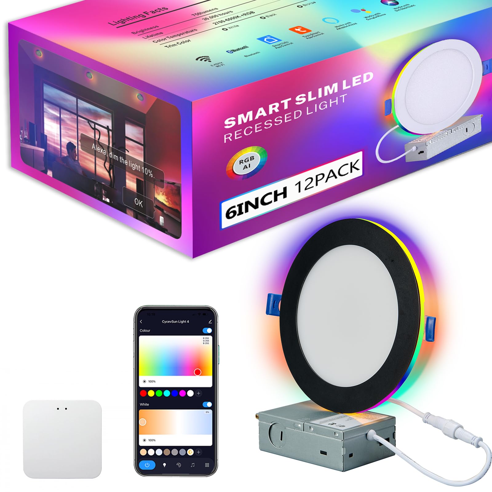 12 Pack 6 Inch Smart Recessed Lighting  with RGB Colo