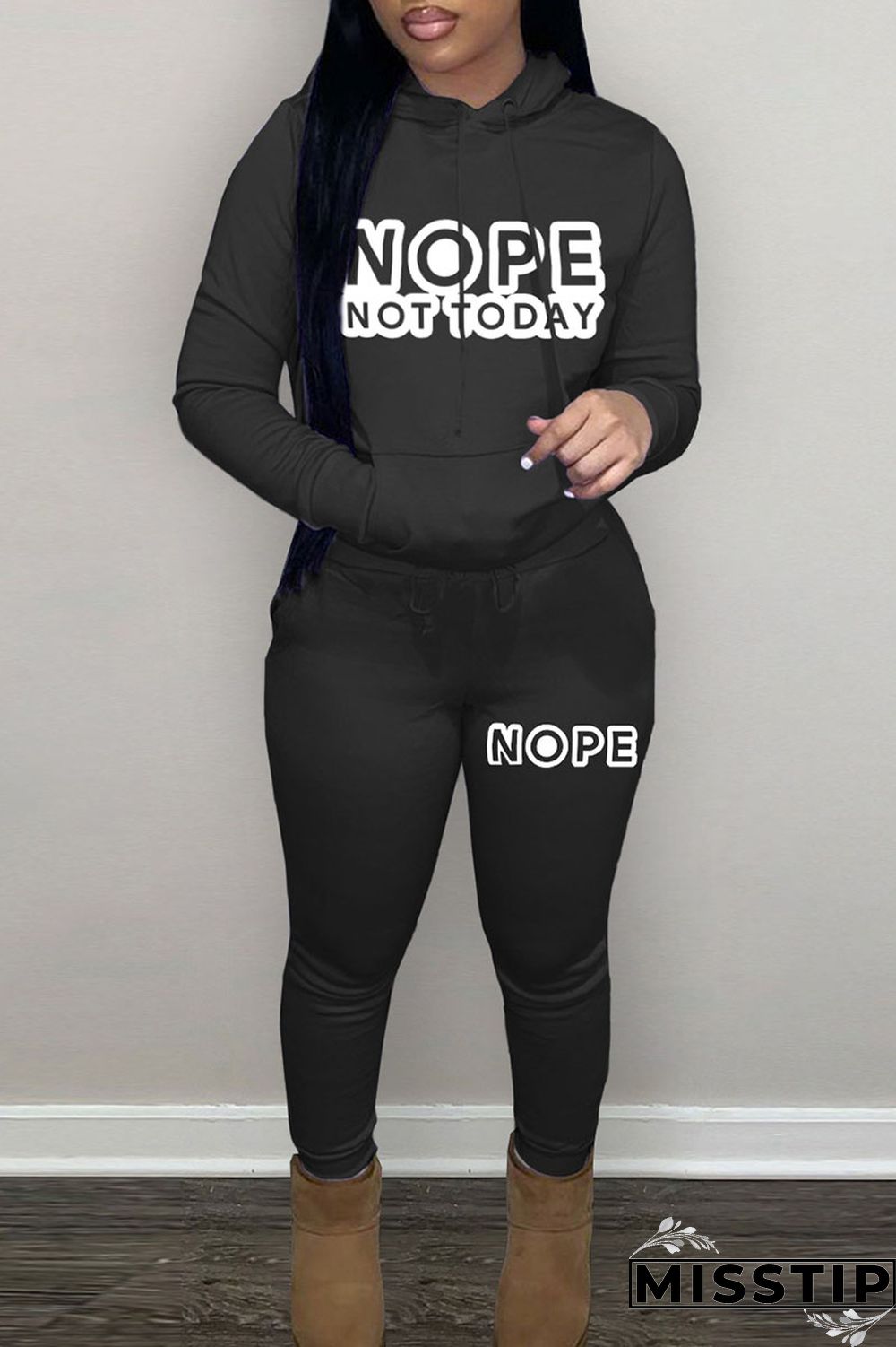 Black Casual Print Patchwork Hooded Collar Long Sleeve Two Pieces