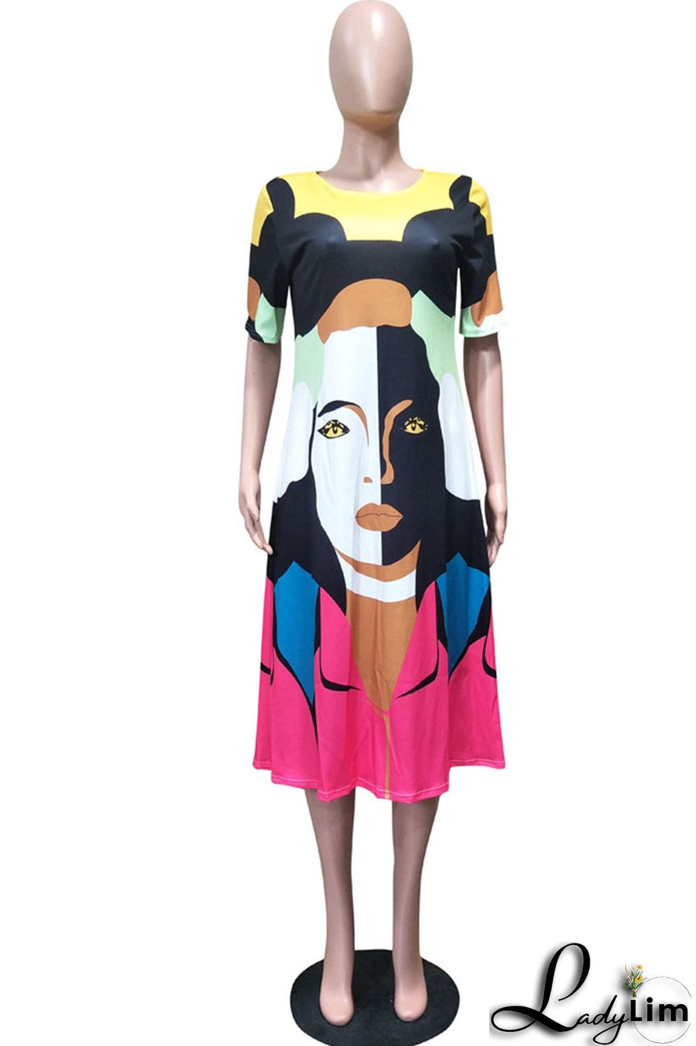 Multicolor Fashion Casual Print Basic O Neck Short Sleeve Dress