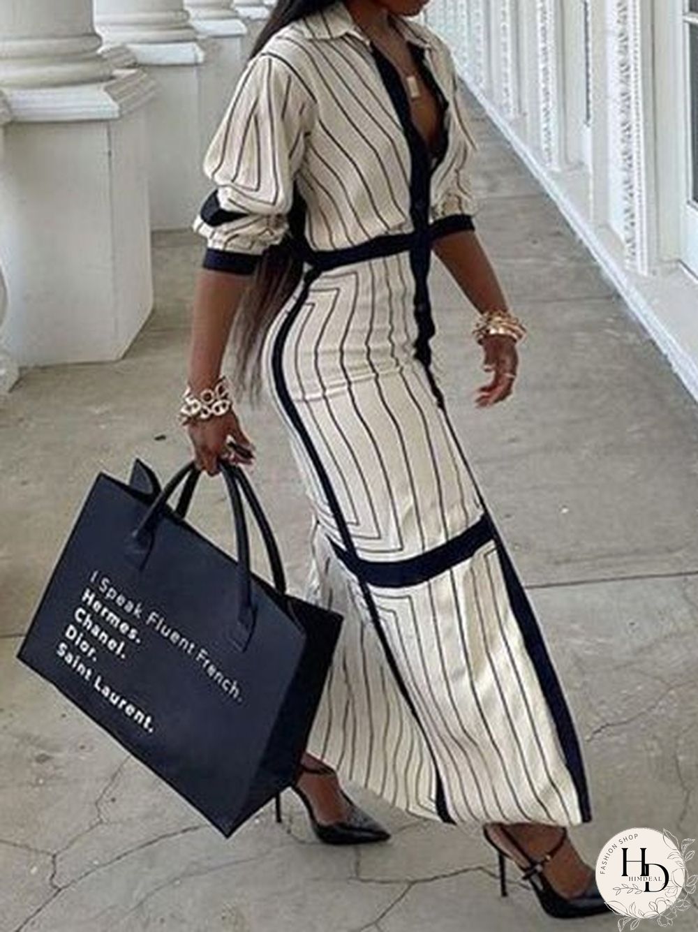 Women'S Dresses Striped Lapel Button Long Sleeve Shirt Dress