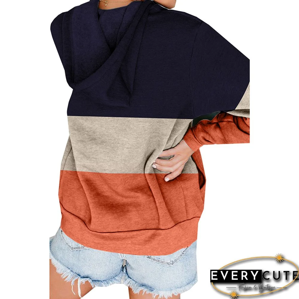 Orange Color Block Zip Kangaroo Pocket Hoodie