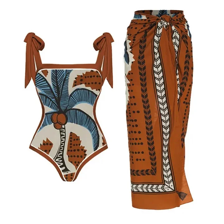 Tie-shoulder Coconut Tree Print One Piece Swimsuit and Sarong Flaxmaker