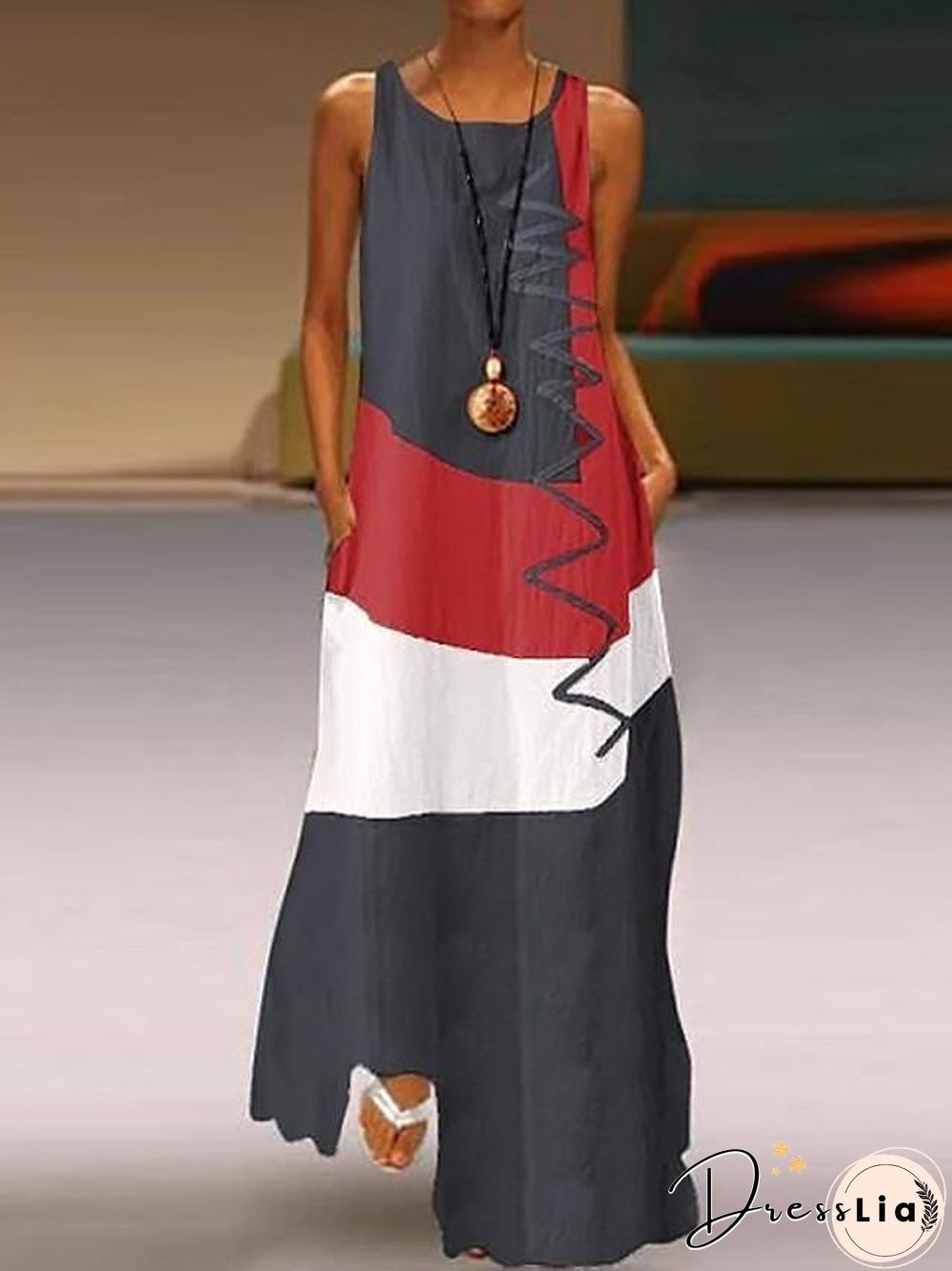 Womens Maxi Dress With V-neck Long Sleeveless Color Block Patchwork Summer Plus Size