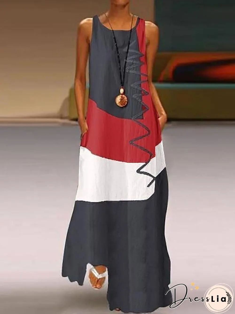 Womens Maxi Dress With V-neck Long Sleeveless Color Block Patchwork Summer Plus Size
