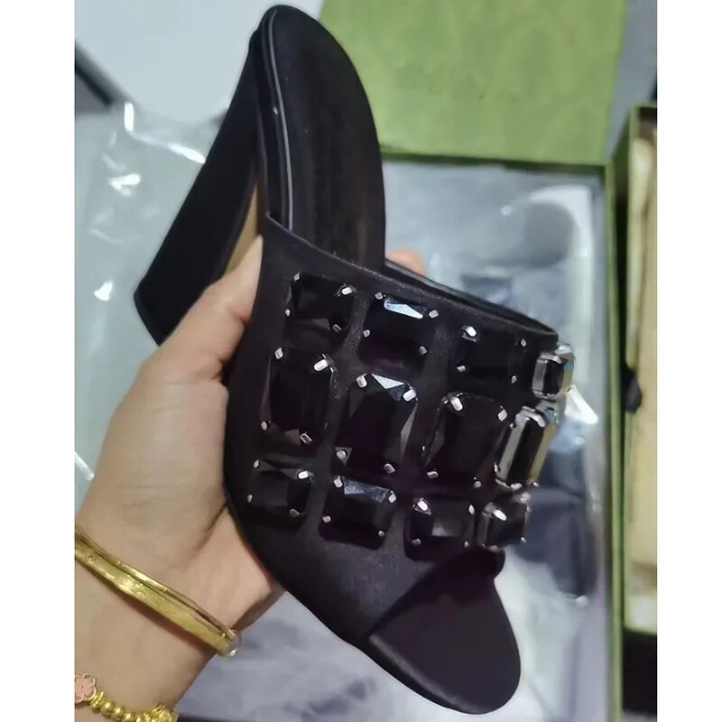 Purple Satin Sandals Woman Open Toe Green Diamond Rhinestone High Heels Female Party Shoes
