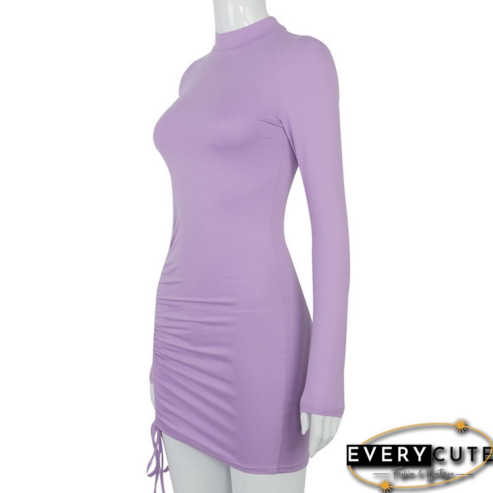 Long Sleeve Ruched Bodycon Dress Women Turtleneck Bandage Mini Dresses Autumn Black Skinny Stretchy Party Vestidos
