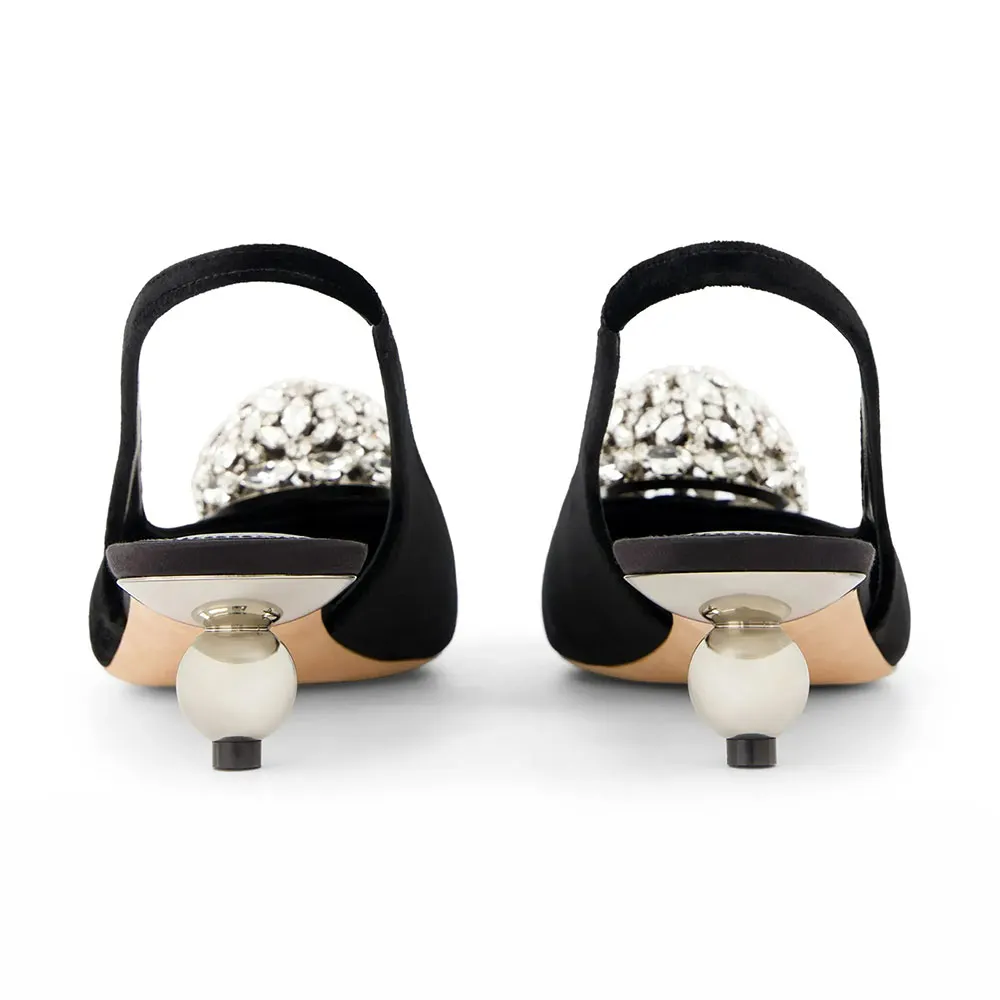 Black Pointed Toe Sculptural Heel Rhinestone Slingback Pumps