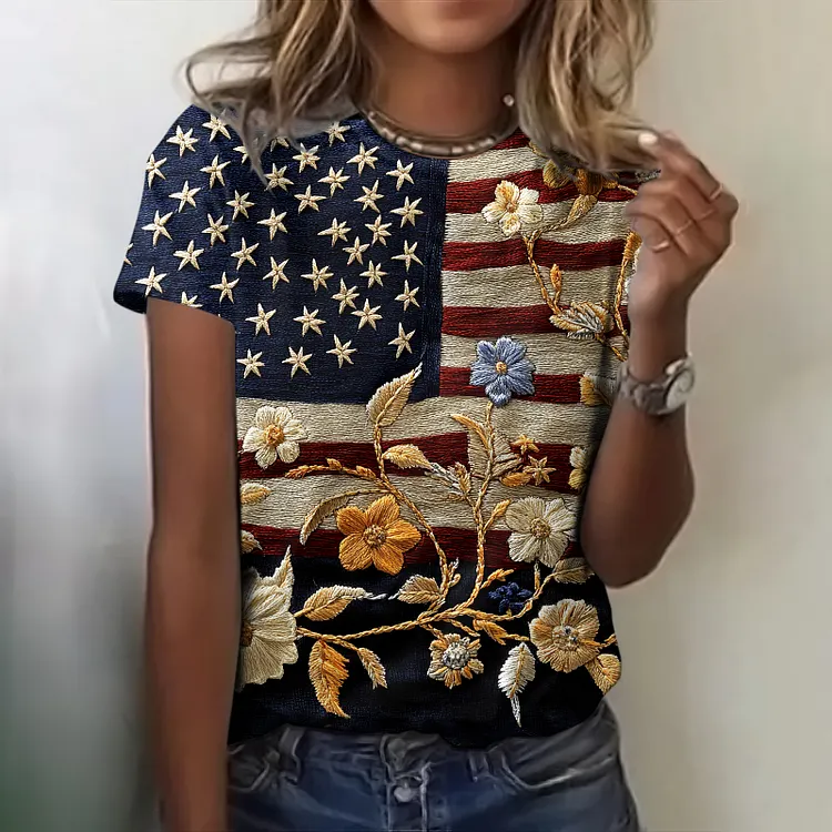Women's Vintage Independence Day Flag Floral Embroidery T-shirt