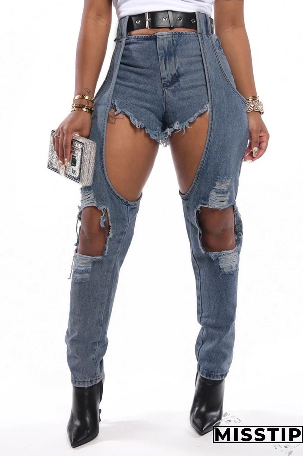 Light Blue Denim Zipper Fly Mid Solid Patchwork washing pencil Pants Pants