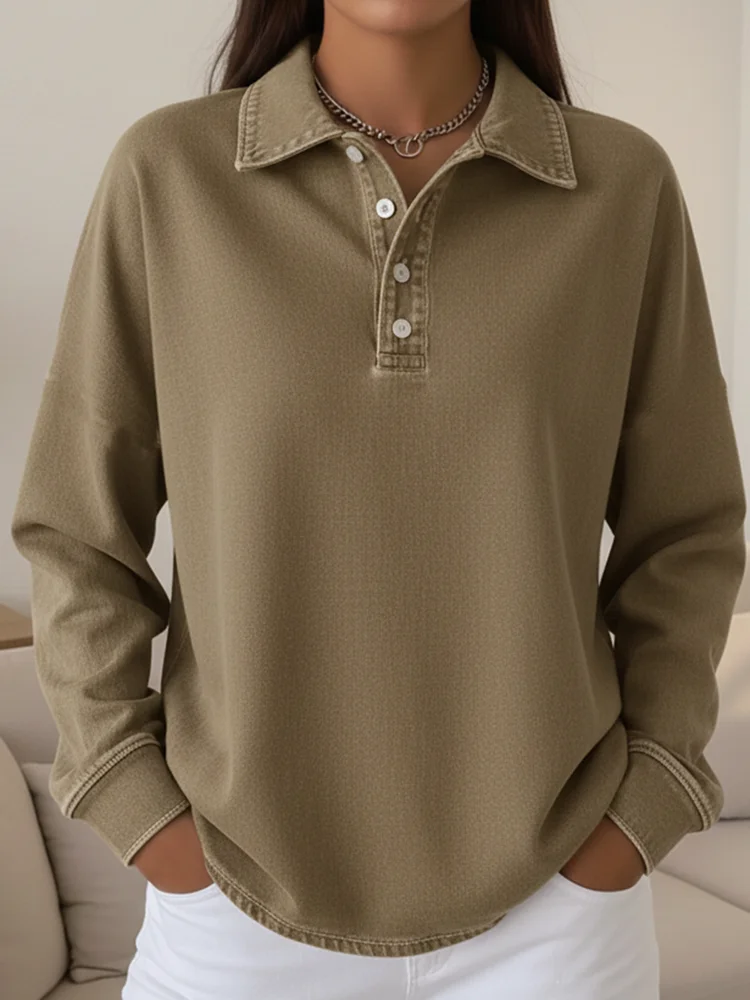 Casual Loose-fitting Polo Button-up Denim Sweatshirt
