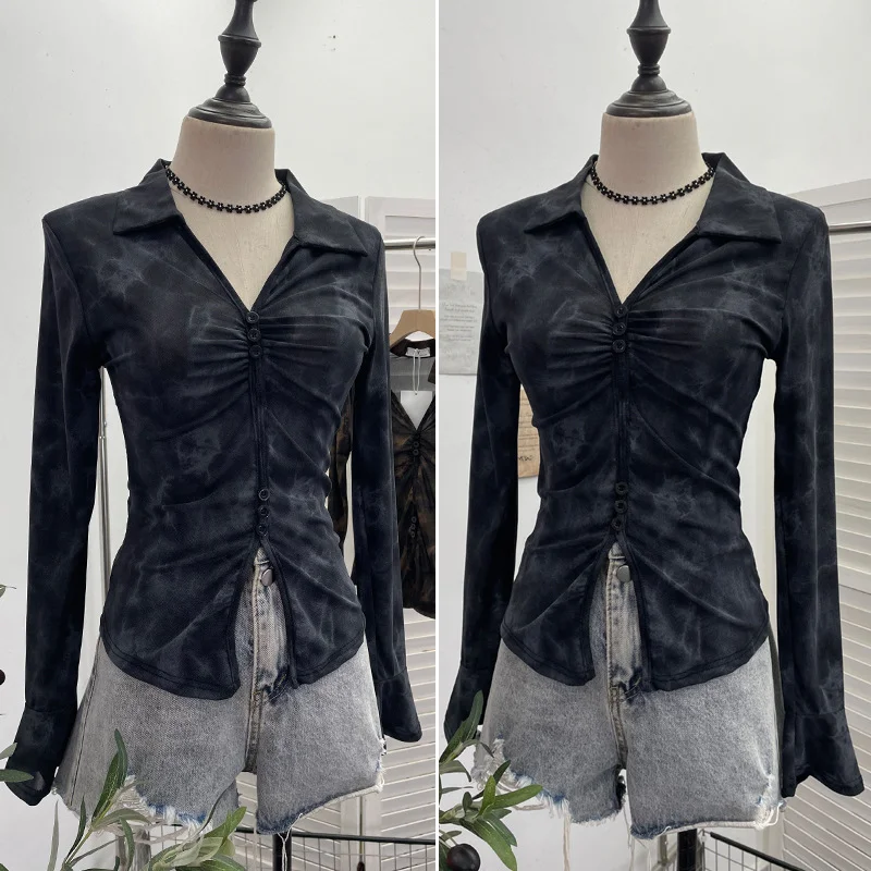 Uveng Real Shooting 2025 Spring And Summer New Tie Dye Mesh Elastic Temperament Clasp Tsets Single-Dear Horn Sleeve Shirt 8042