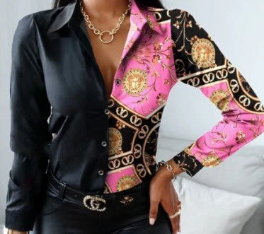 Brownm Long Sleeve V-neck Color-block Retro Shirt Top