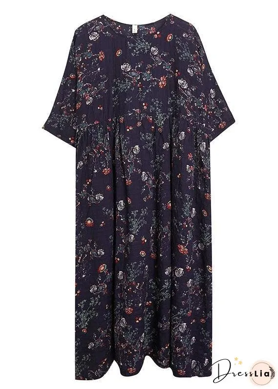 French Navy Print Pockets Loose Summer Half Sleeve Long Dress