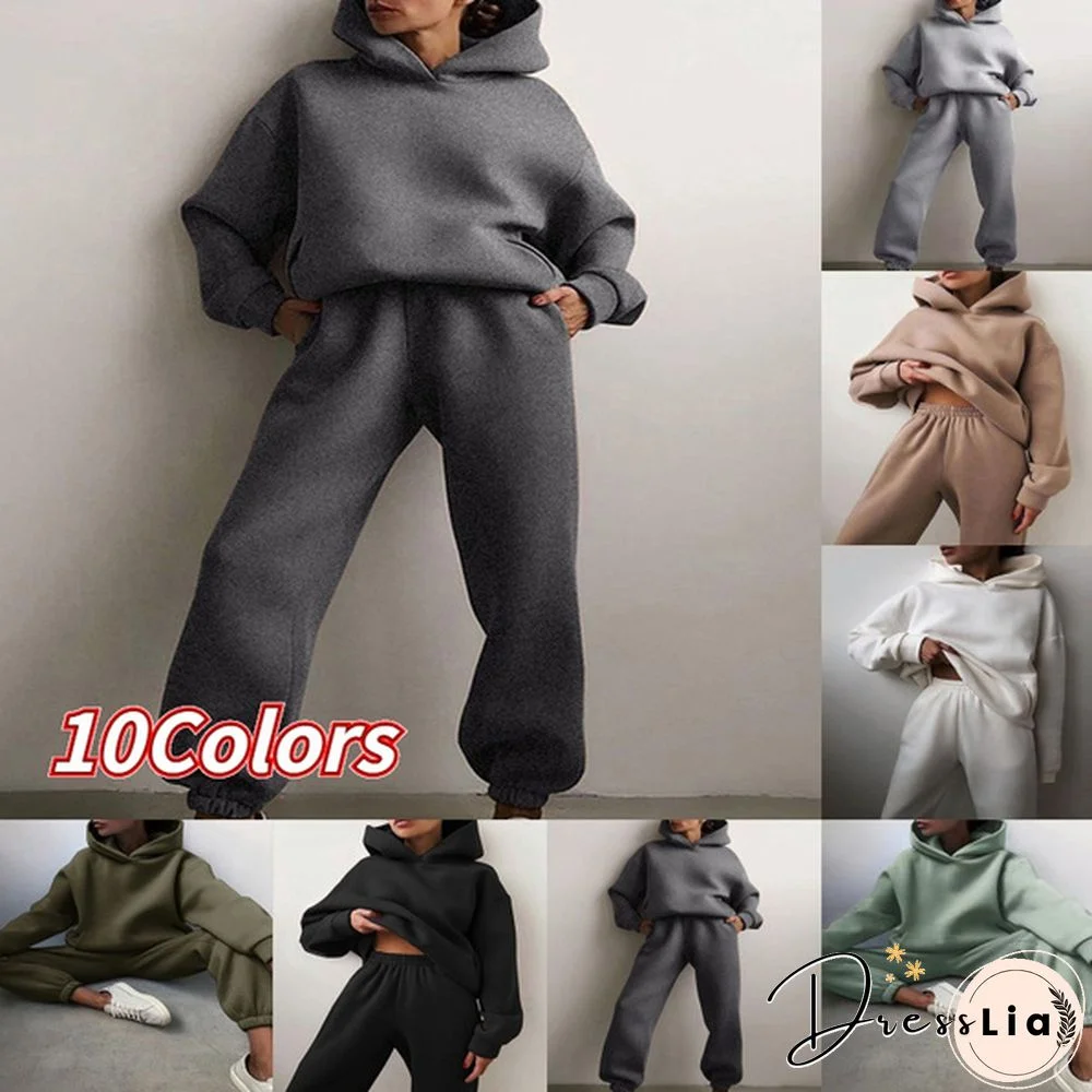 Women Hoodies Two Piece Set Long Sleeve Solid Casual Pocket Sweater Suit Spring Elastic Sport Pants Female Tracksuit