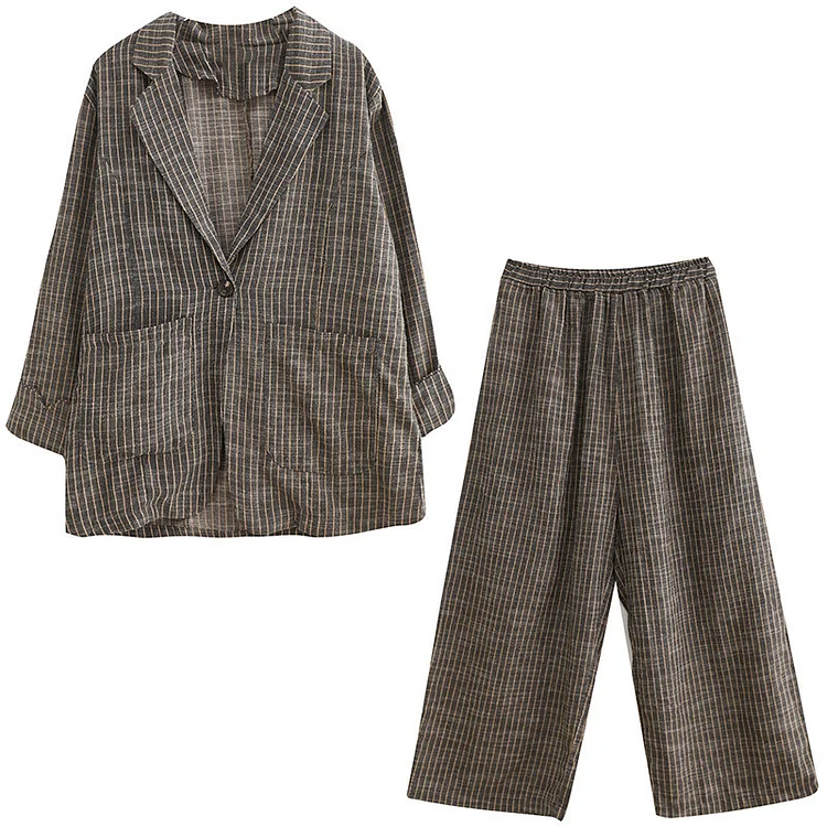 Vintage Cotton Linen Striped Blazer and Wide Leg Pants Suits