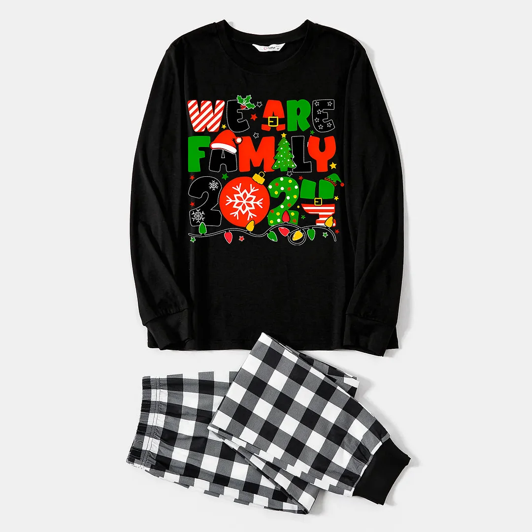 Christmas "We are Family" Colorful Multi-Element Letter Black Long Sleeve Top with Black And White Plaid Pants Family Matching Pajamas
