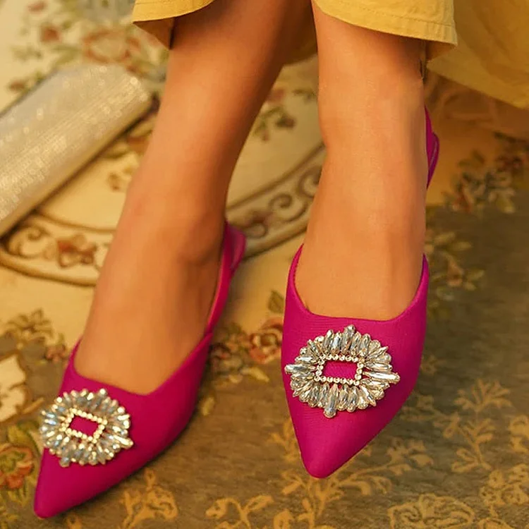 Elegant Rhinestone Buckle Shoes Women's Pointy Toe Mule Pump Party Kitten Heels |FSJ Shoes