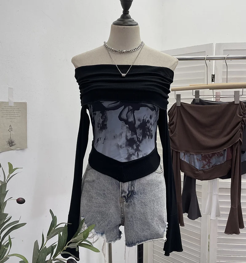 Uveng Real Shooting Maillard Wasteland Wind Word Shoulder Long-Sleeved Top Print Spliced Knitted Horn Sleeve Short T-Shirt 2663