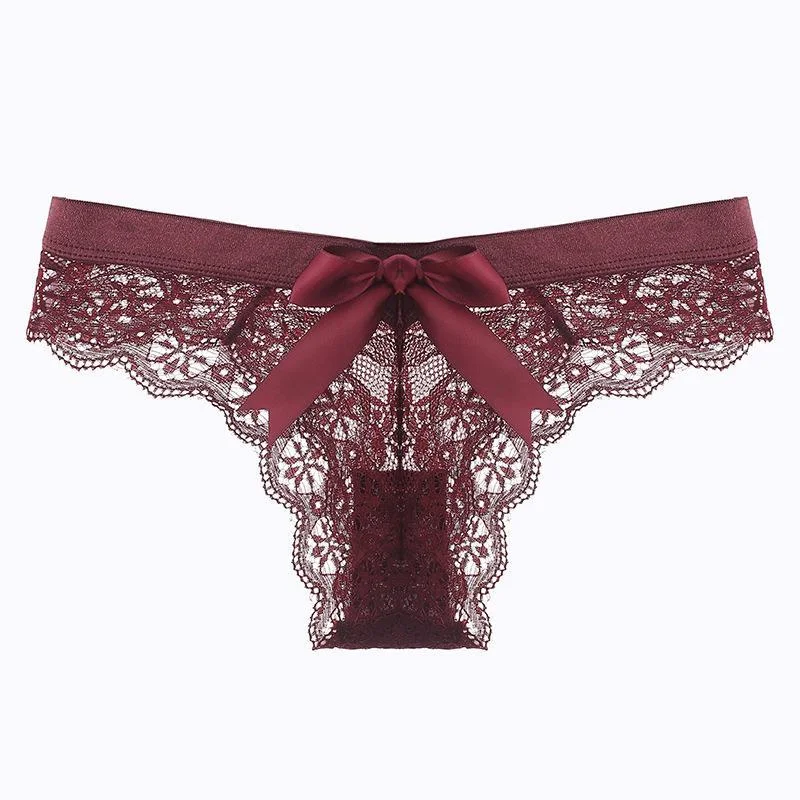 Brownm Sexy Lace Trousers Female Transparent Hollow Sex Fun Sports Low-Rise Without Scars Ladies Trousers Bow