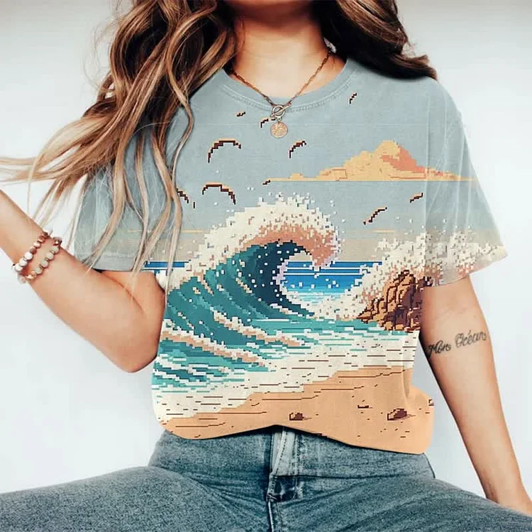 Pixel Style Seaside Print T-shirt