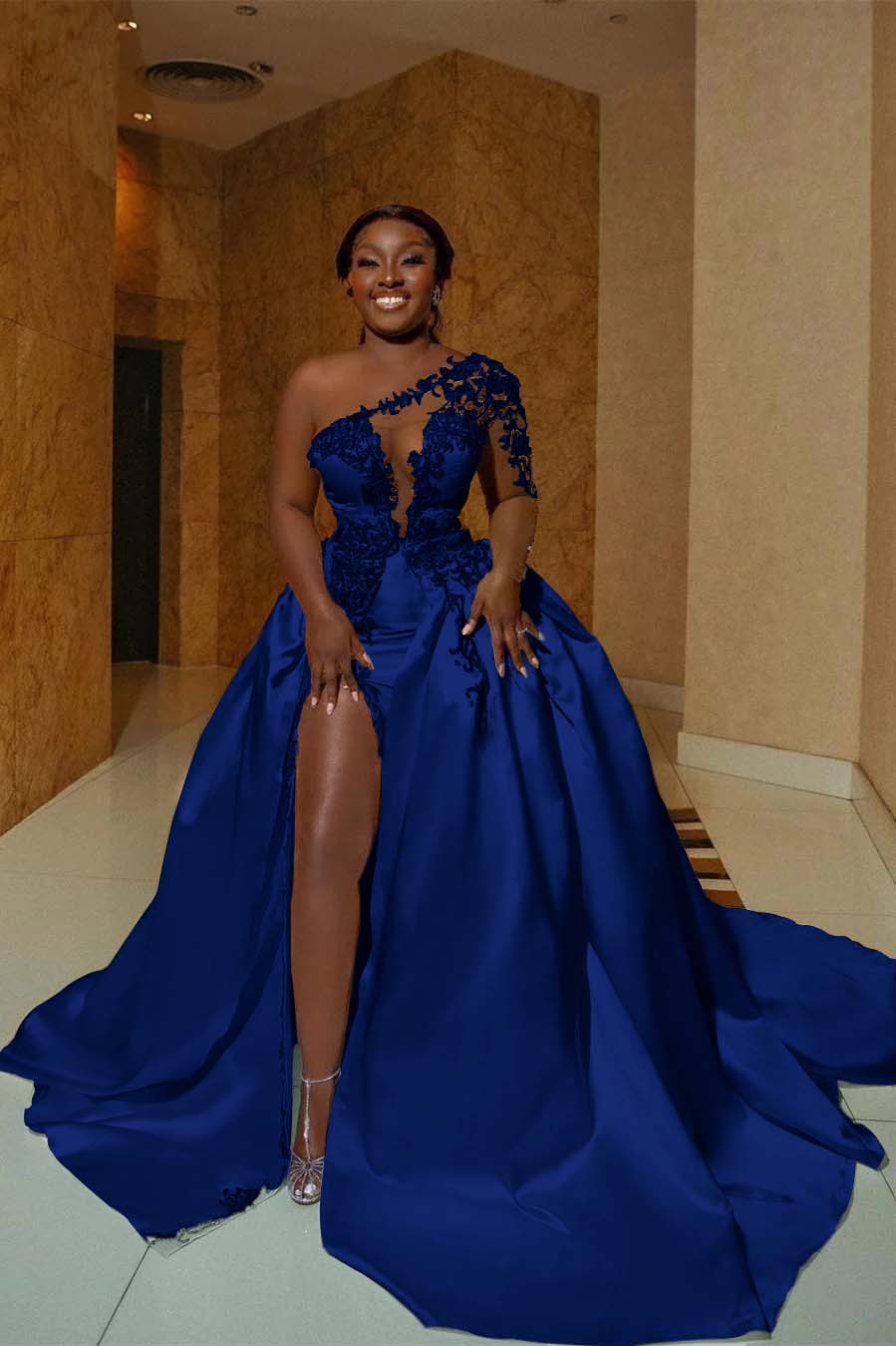 Oknass One Shoulder Sleeveless Long Split Prom Dress With Appliques
