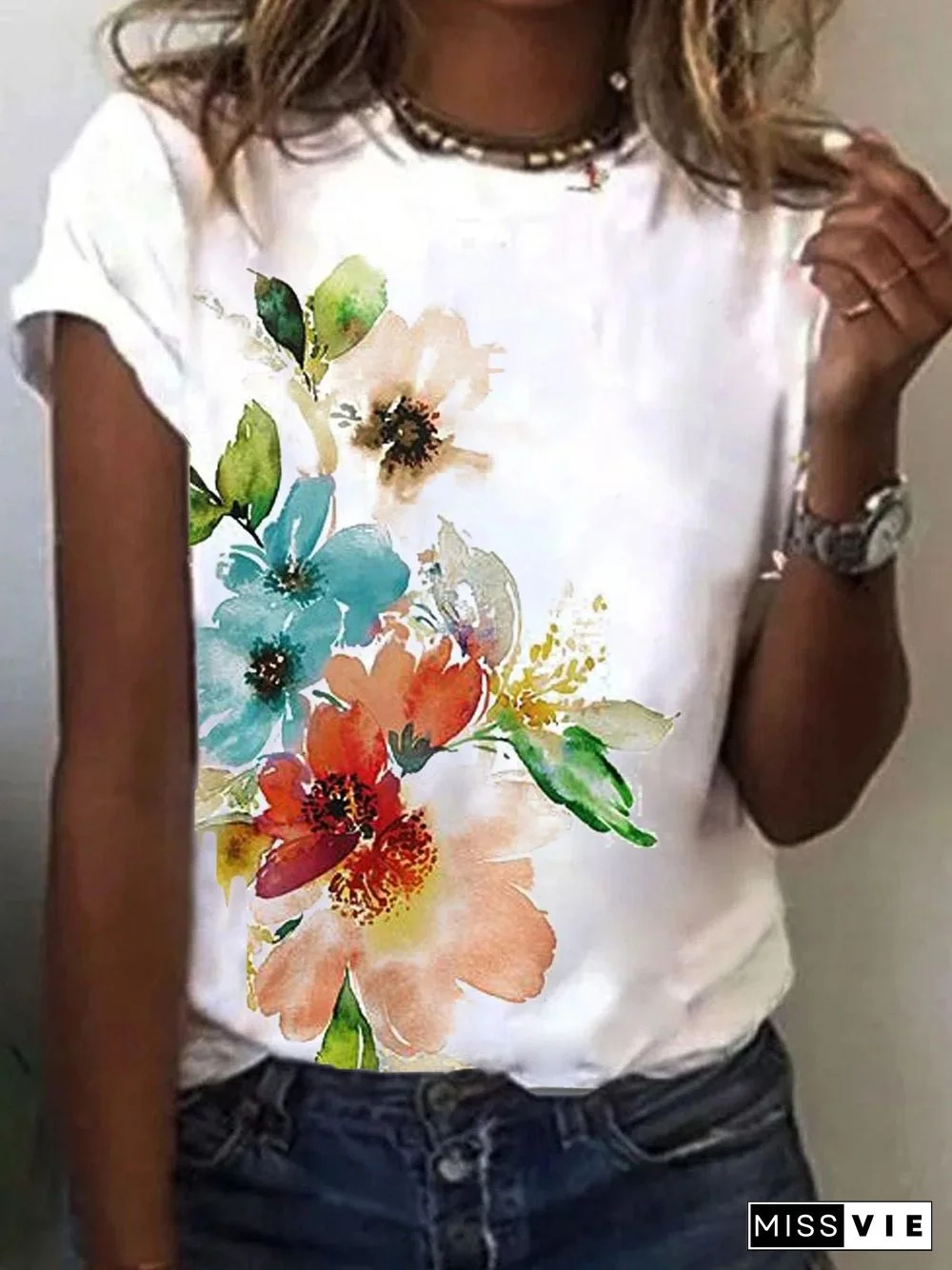 Women'S T-Shirts Floral Print Crew Neck Short Sleeve T-Shirt