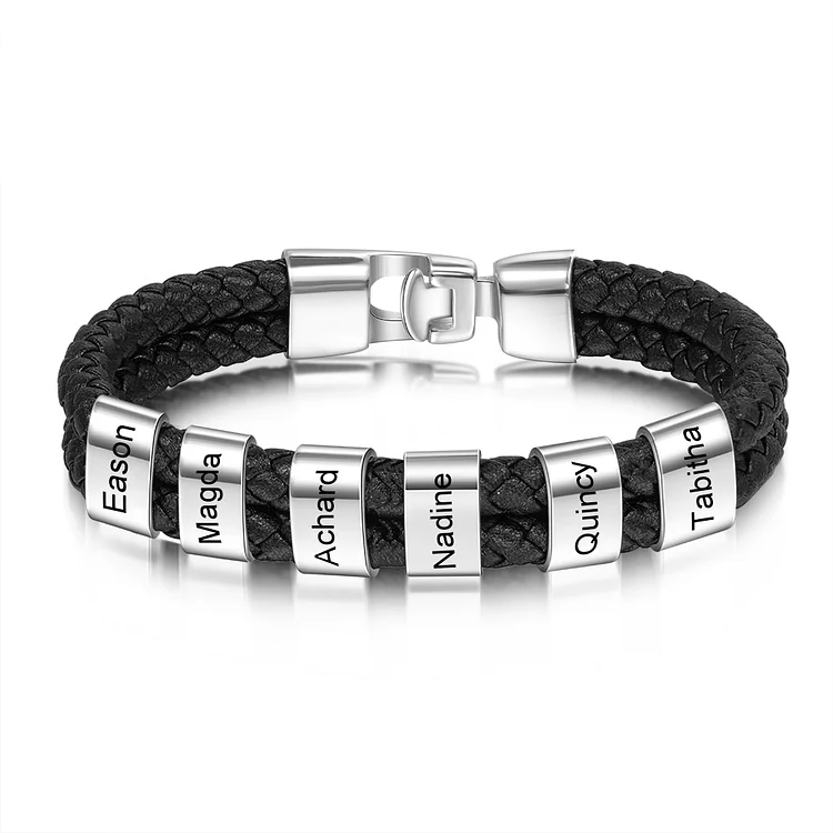 Personalized Braided Leather Bracelet Engraved 6 Names Men's Bracelet for Him