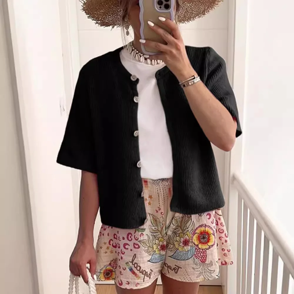 Wongn Wongn Women's New Short-Sleeved Knit Cardigan Solid Color Half Open Collar Button Sweater Women's Women's Casual Cardigan