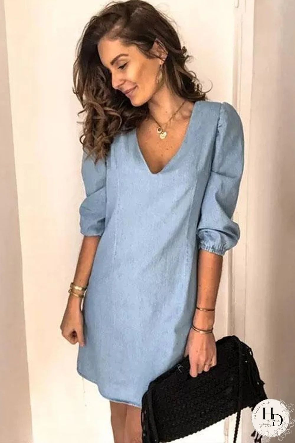 Puff Sleeve Simple Denim Dress