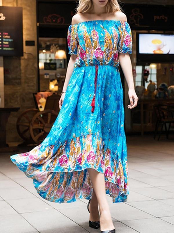 Bohemia Floral-Print Short Sleeve Off-Shoulder Tassels Beach Dress
