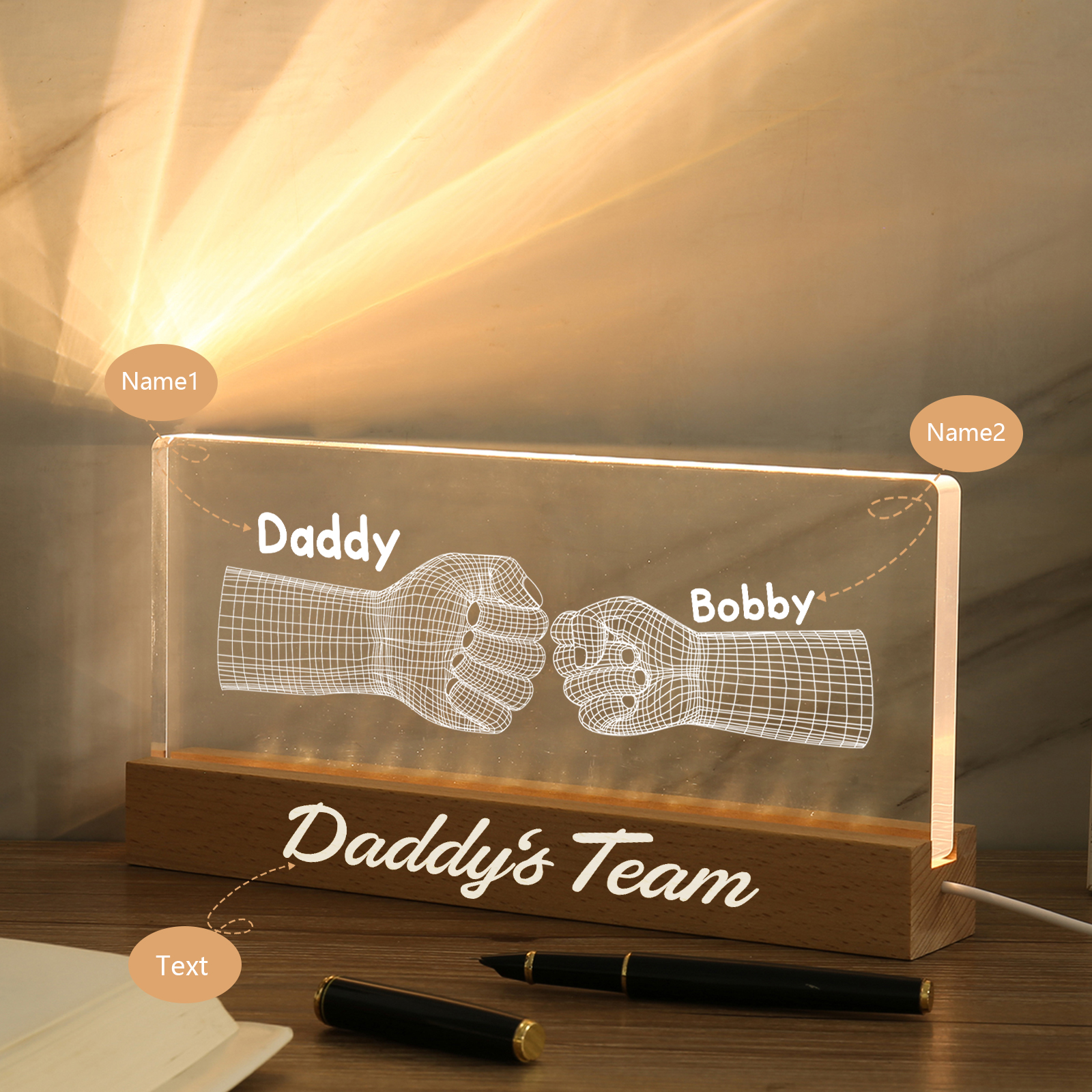 2 Names Personalised Fist Bump Pattern Night Light Custom Text LED Light Father's Day Gift for Dad