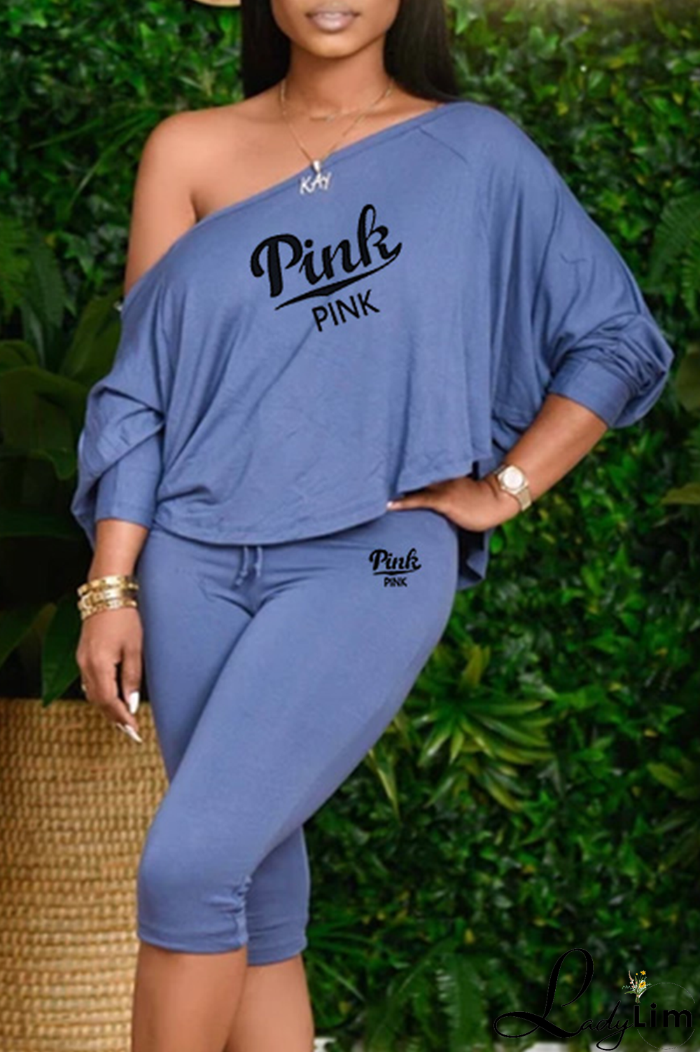 Gray White Fashion Print Patchwork One Shoulder Long Sleeve Two Pieces