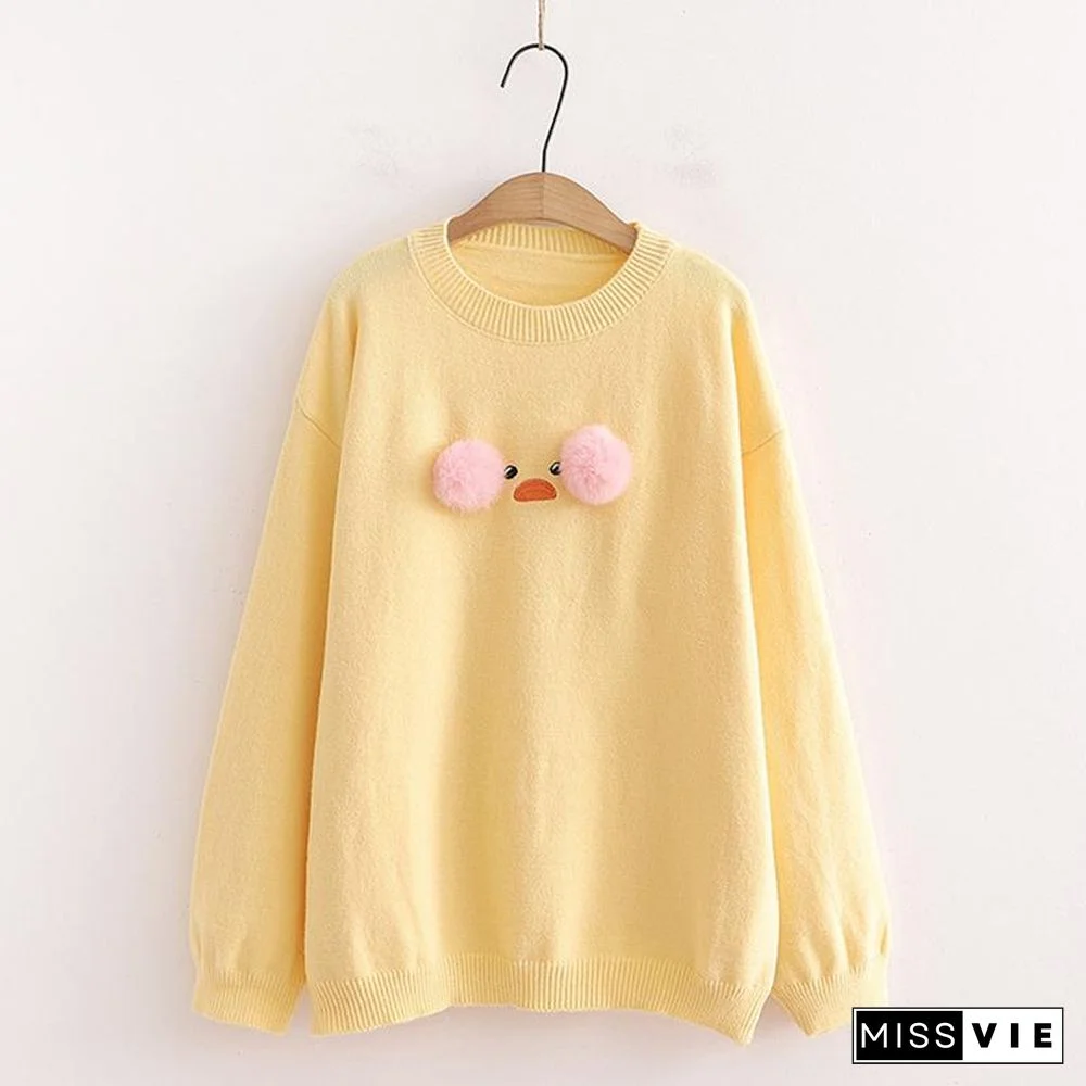 Duck Embroidery Fuzzy Ball Sweater